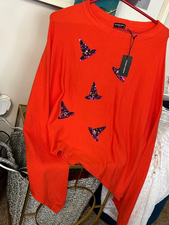 Victoria Harbout Tops - Bright Orange Sweater with Sequin Witch Hats